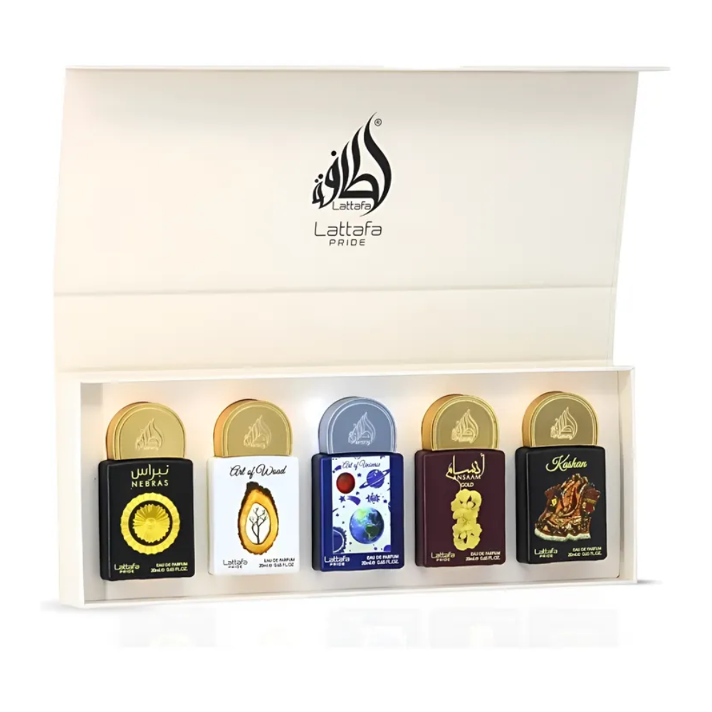 Set Lattafa Pride Nebras, Art Of Wood, Art Of Universe, Ansaam Gold y Kashan Edp 20 Ml x 5 Piezas Unisex