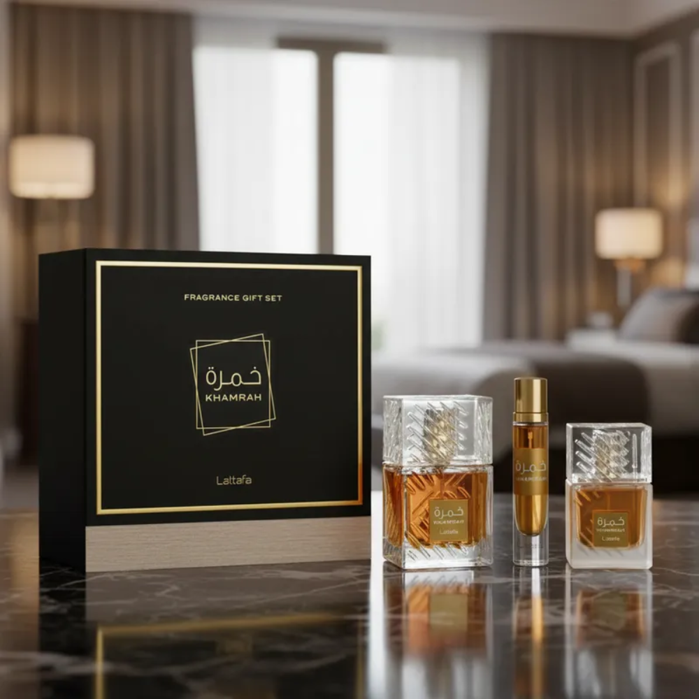 Lattafa Khamrah Edp 100 Ml + 12 Ml + 50Ml Hair Mist Set 3 Pcs Unisex