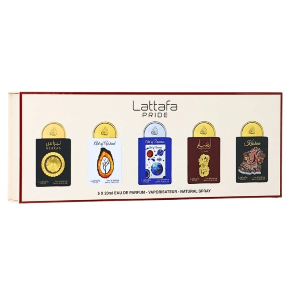 Set Lattafa Pride Nebras, Art Of Wood, Art Of Universe, Ansaam Gold y Kashan Edp 20 Ml x 5 Piezas Unisex